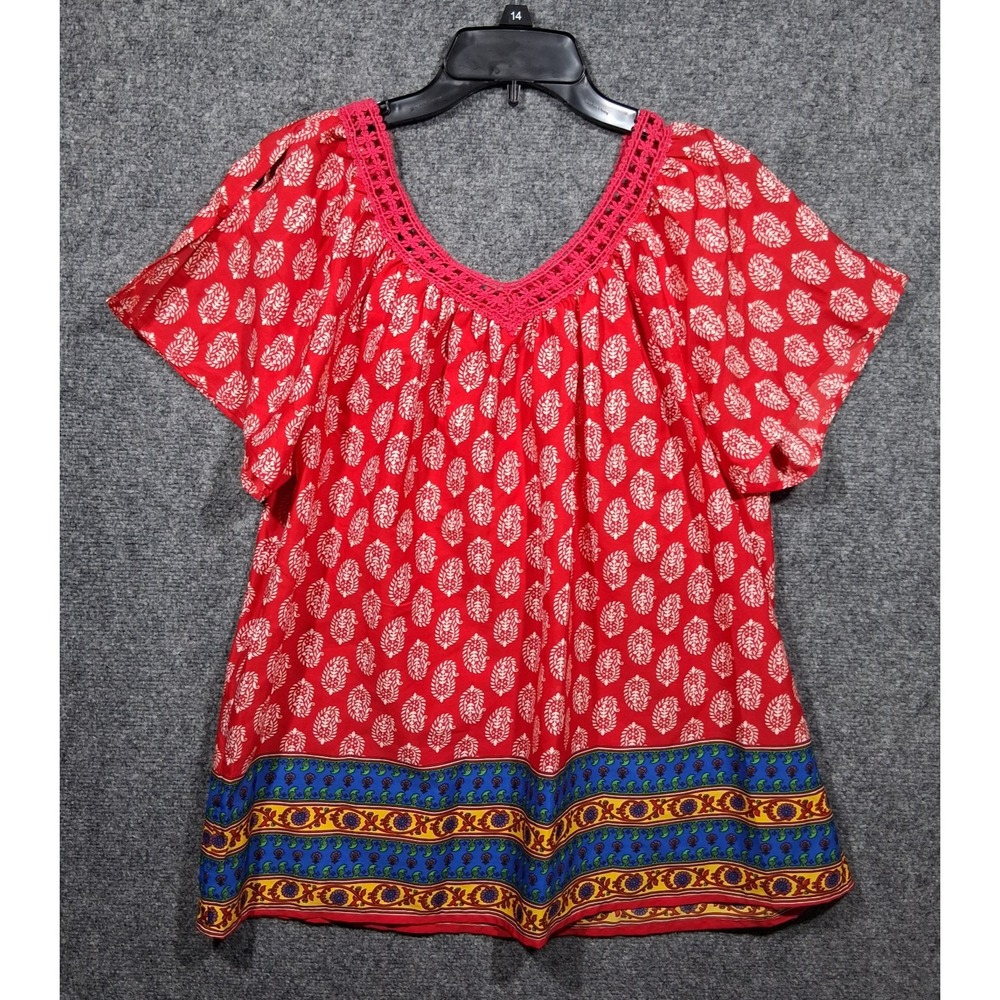 REBECCA MALONE Womens Large‎ Blue, White & Red Pullover Long Sleeve Blouse Shirt